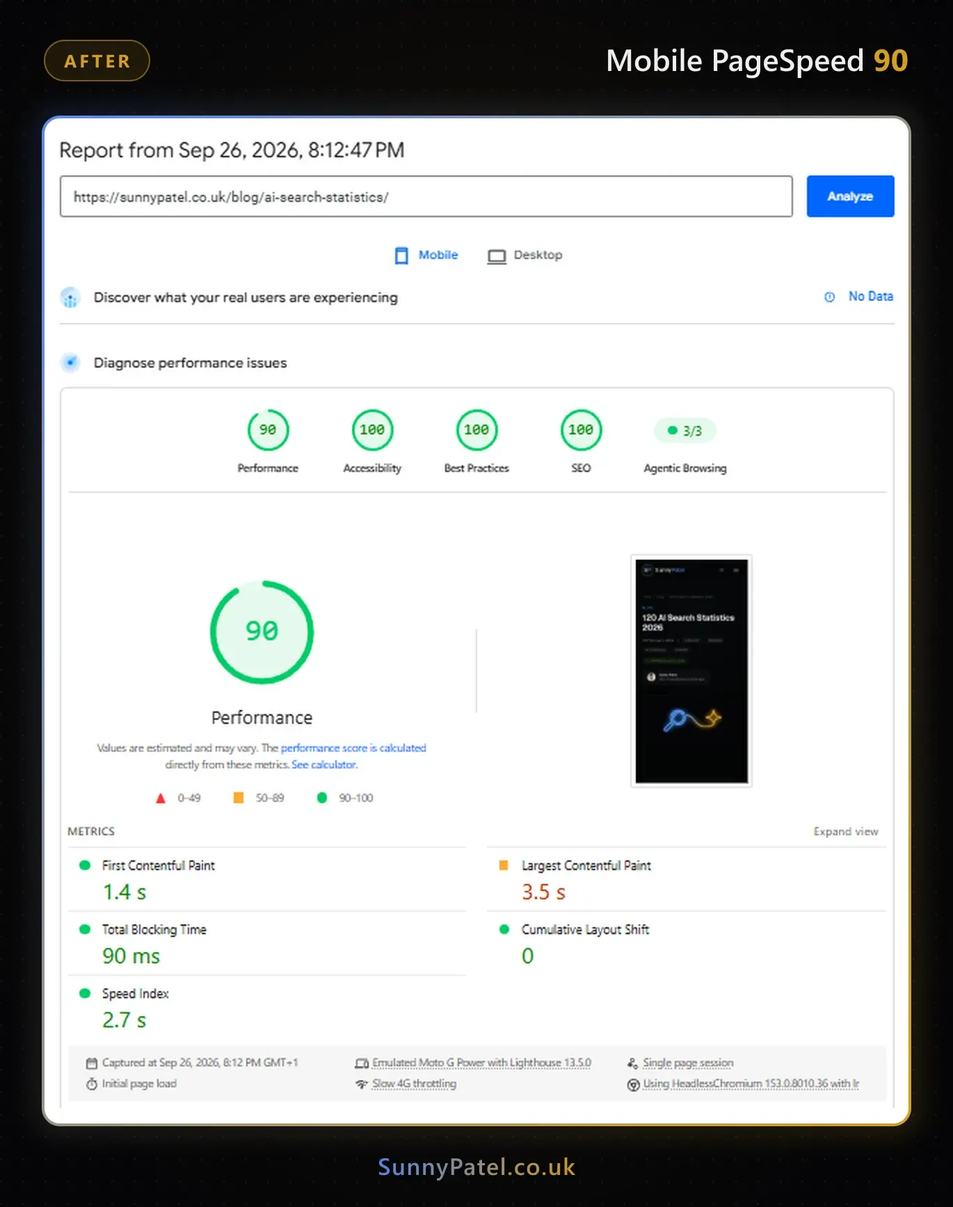 After: PageSpeed Insights mobile report, 26 September 2026, 8:12pm. Performance 90, FCP 1.4s, LCP 3.5s.