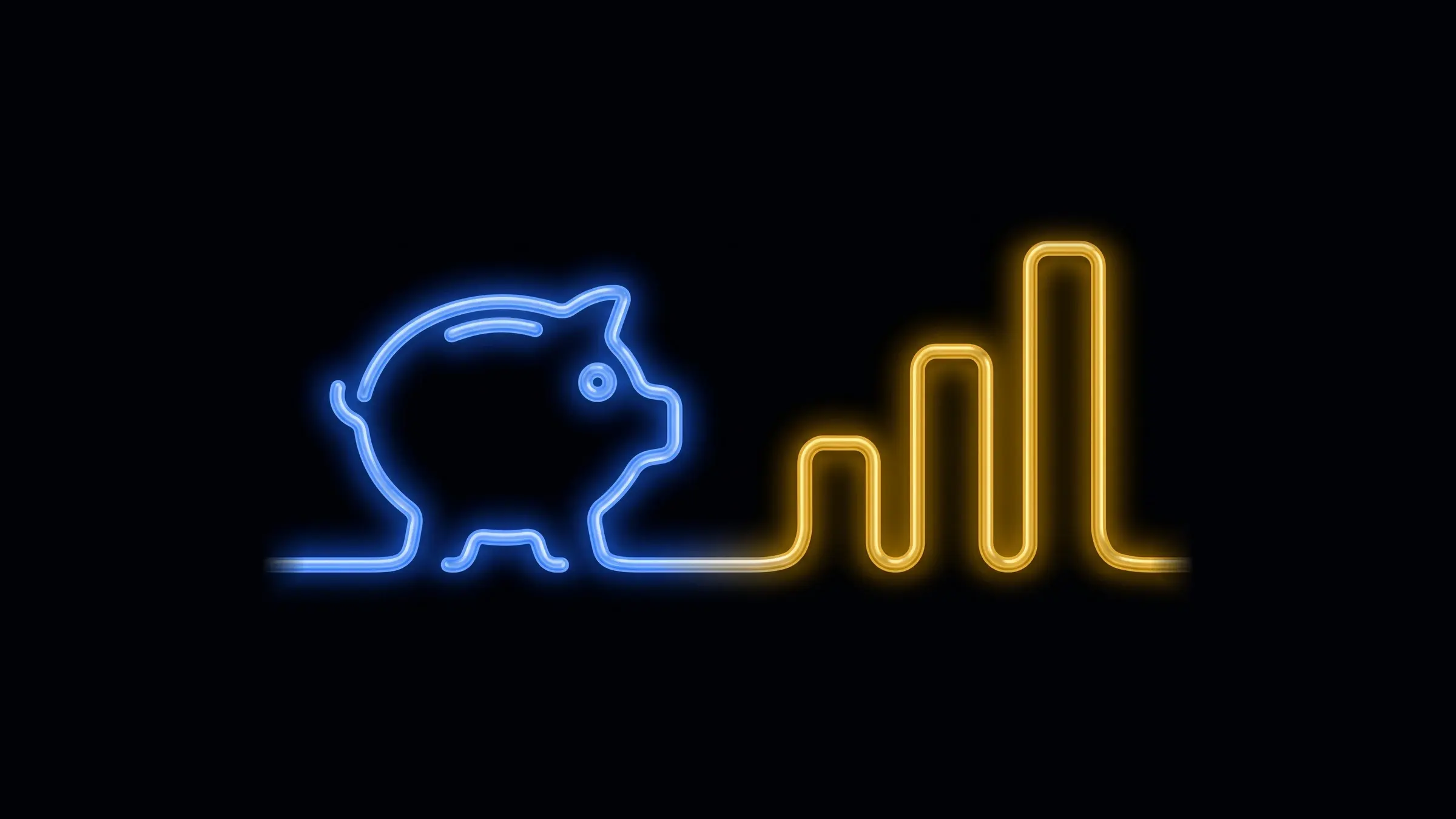 Neon line illustration: a piggy bank connected to a rising bar chart