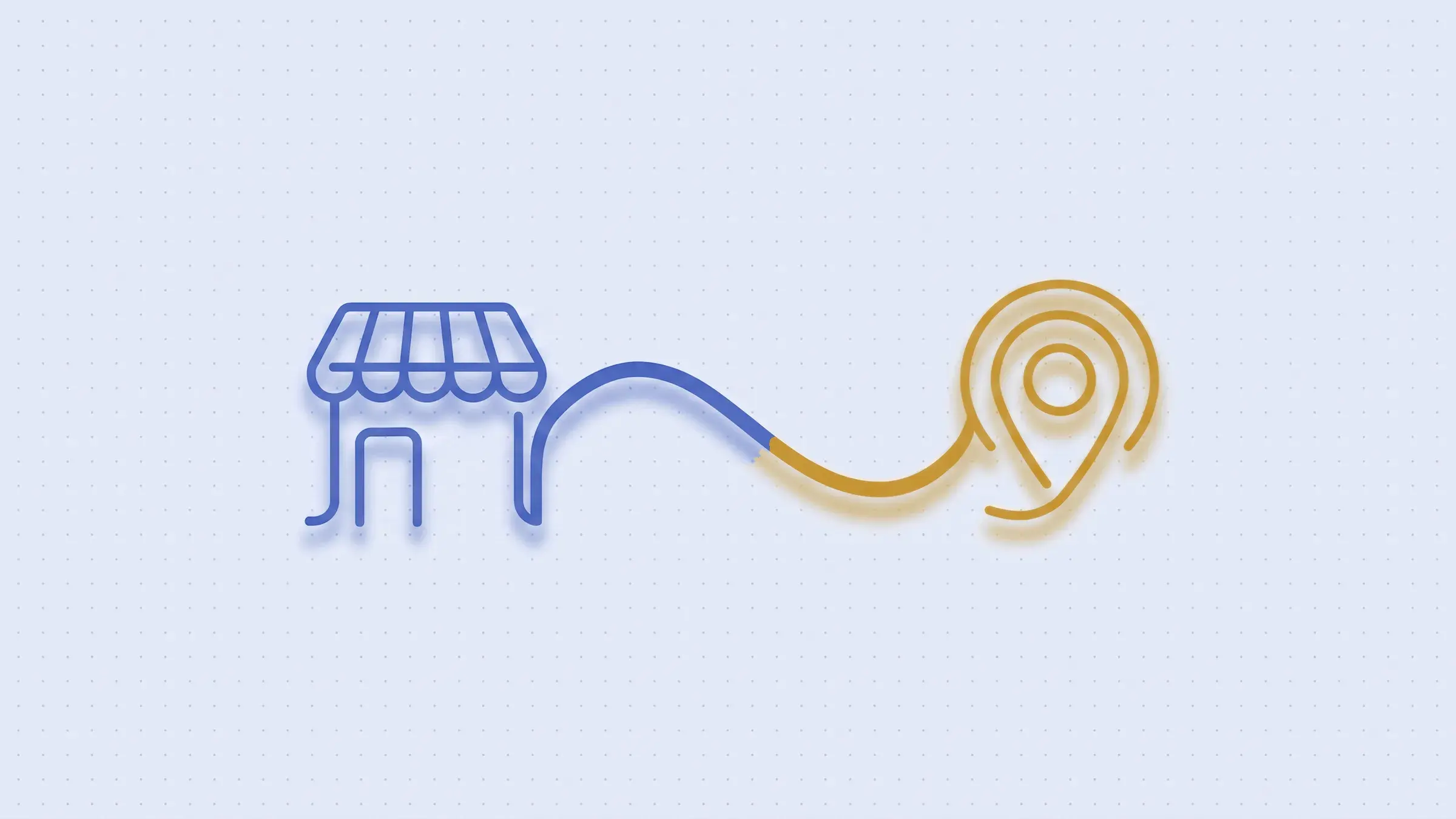 Neon line illustration: a shopfront connected to a map pin with a pulse ring