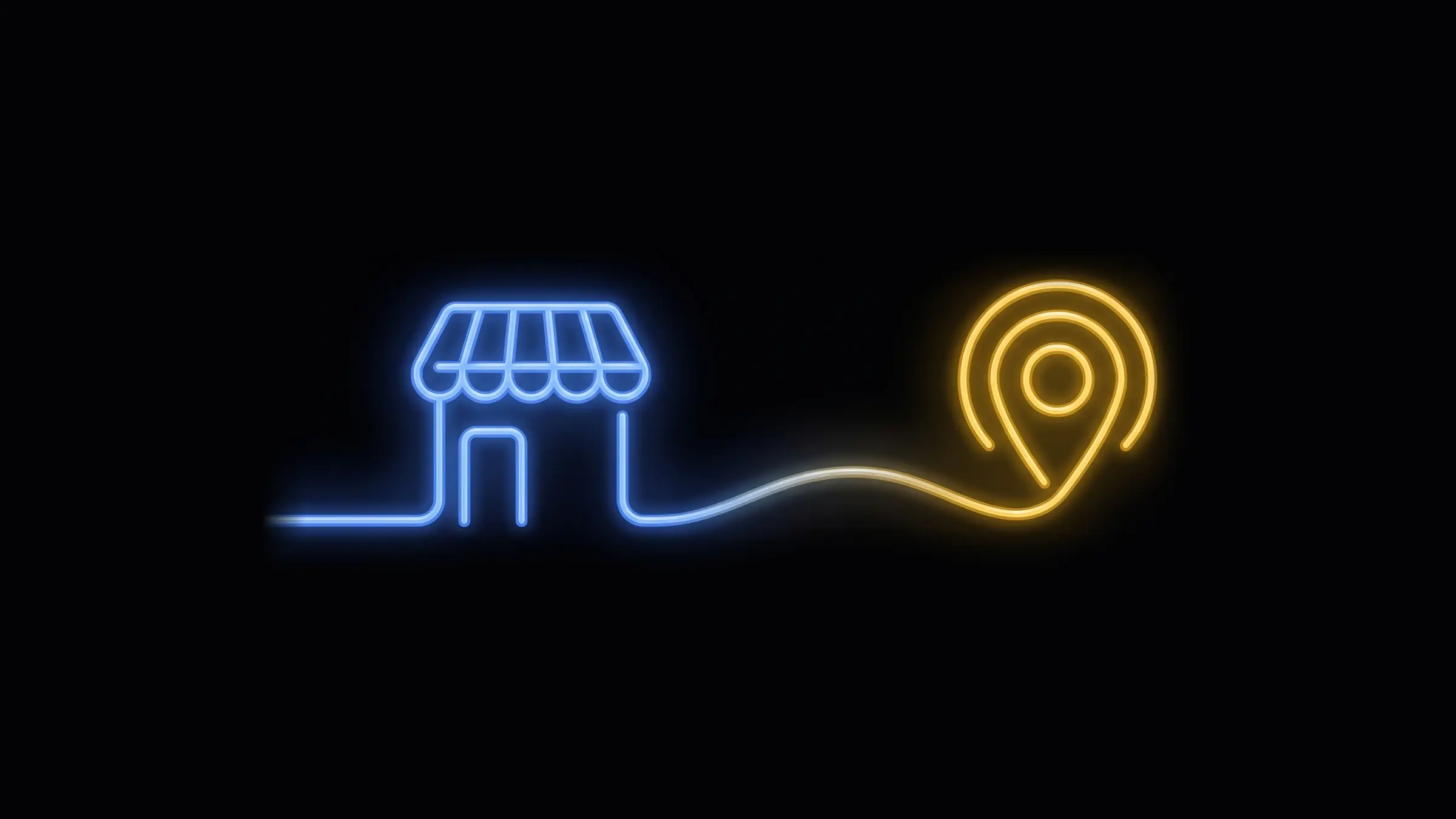 Neon line illustration: a shopfront connected to a map pin with a pulse ring