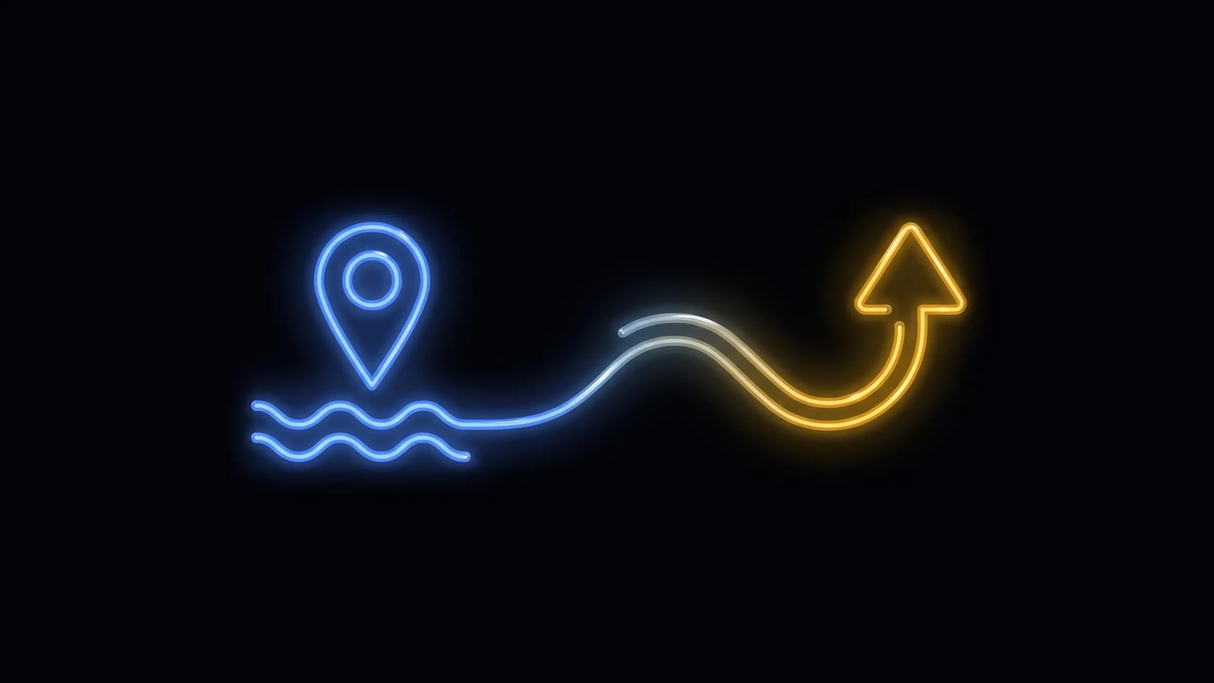 Neon line illustration: a map pin above the river Thames connected to a rising arrow