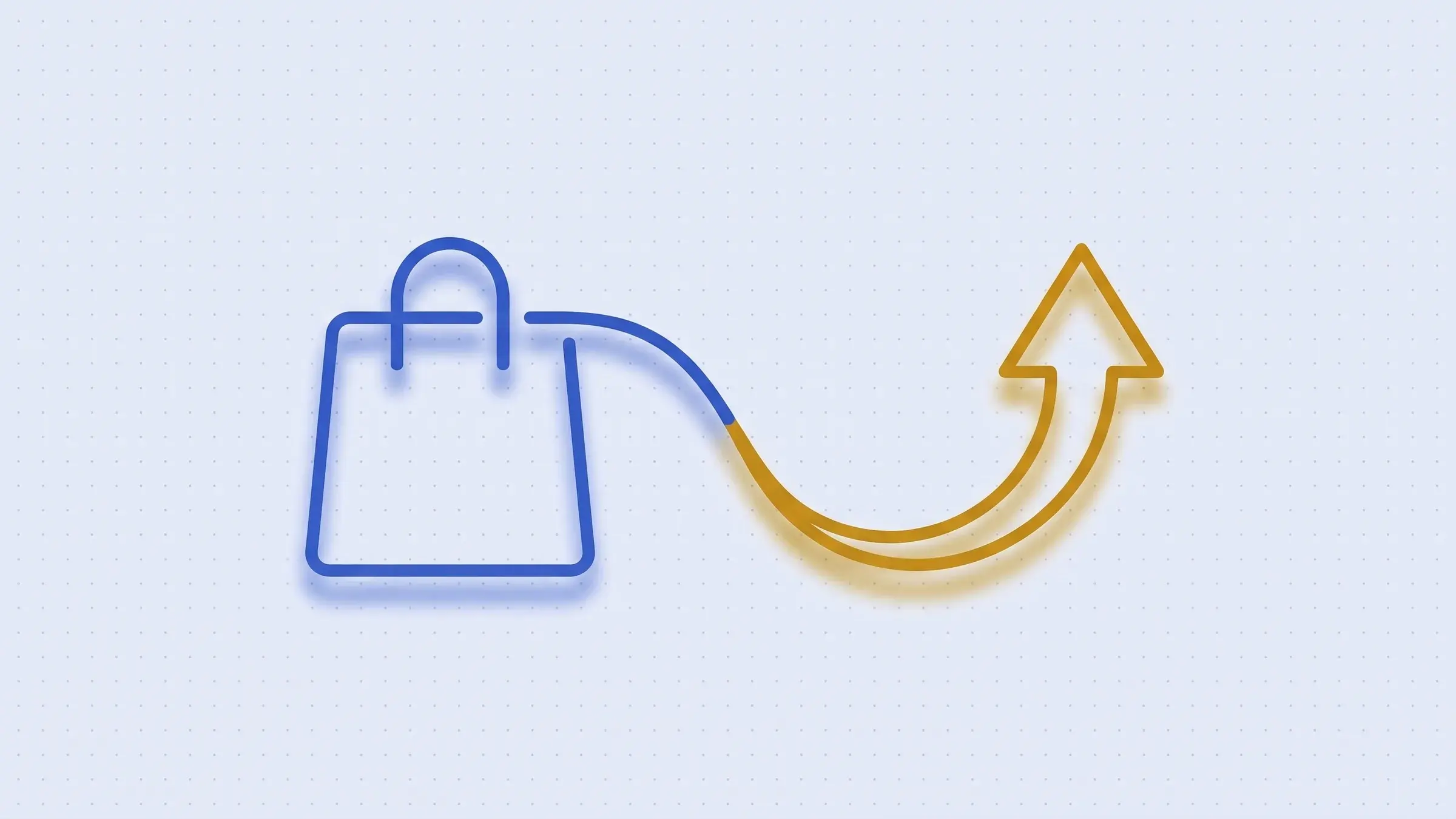 Neon line illustration: a shopping bag connected to a rising arrow