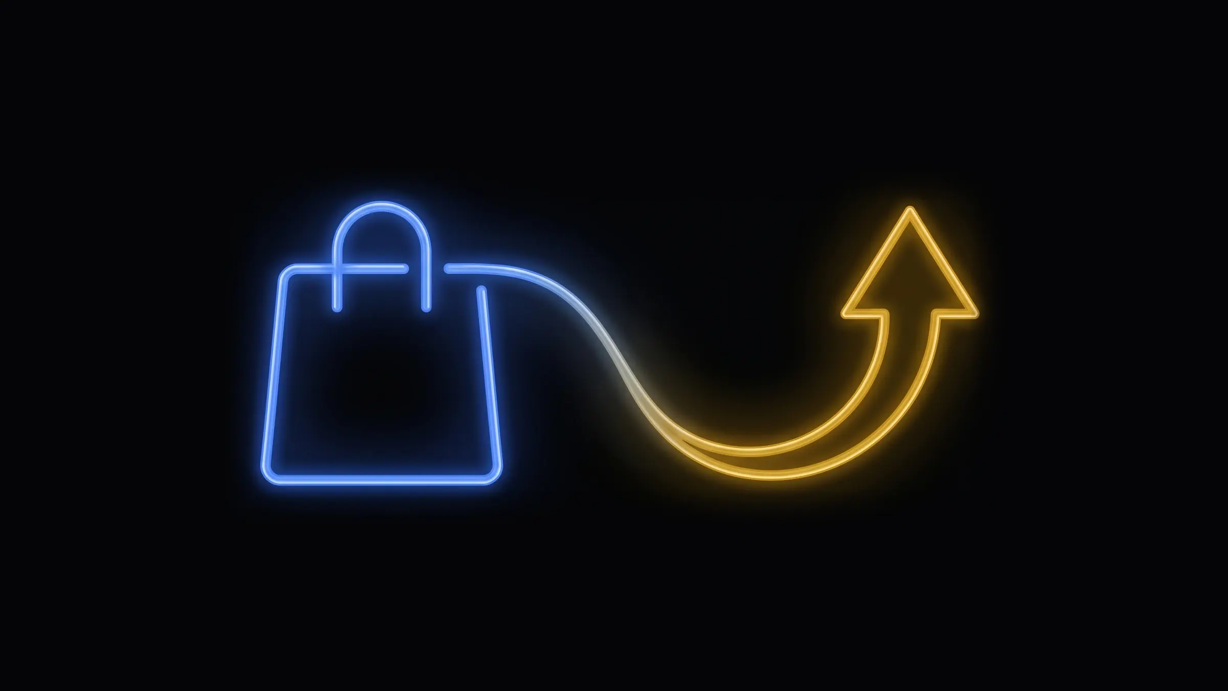 Neon line illustration: a shopping bag connected to a rising arrow