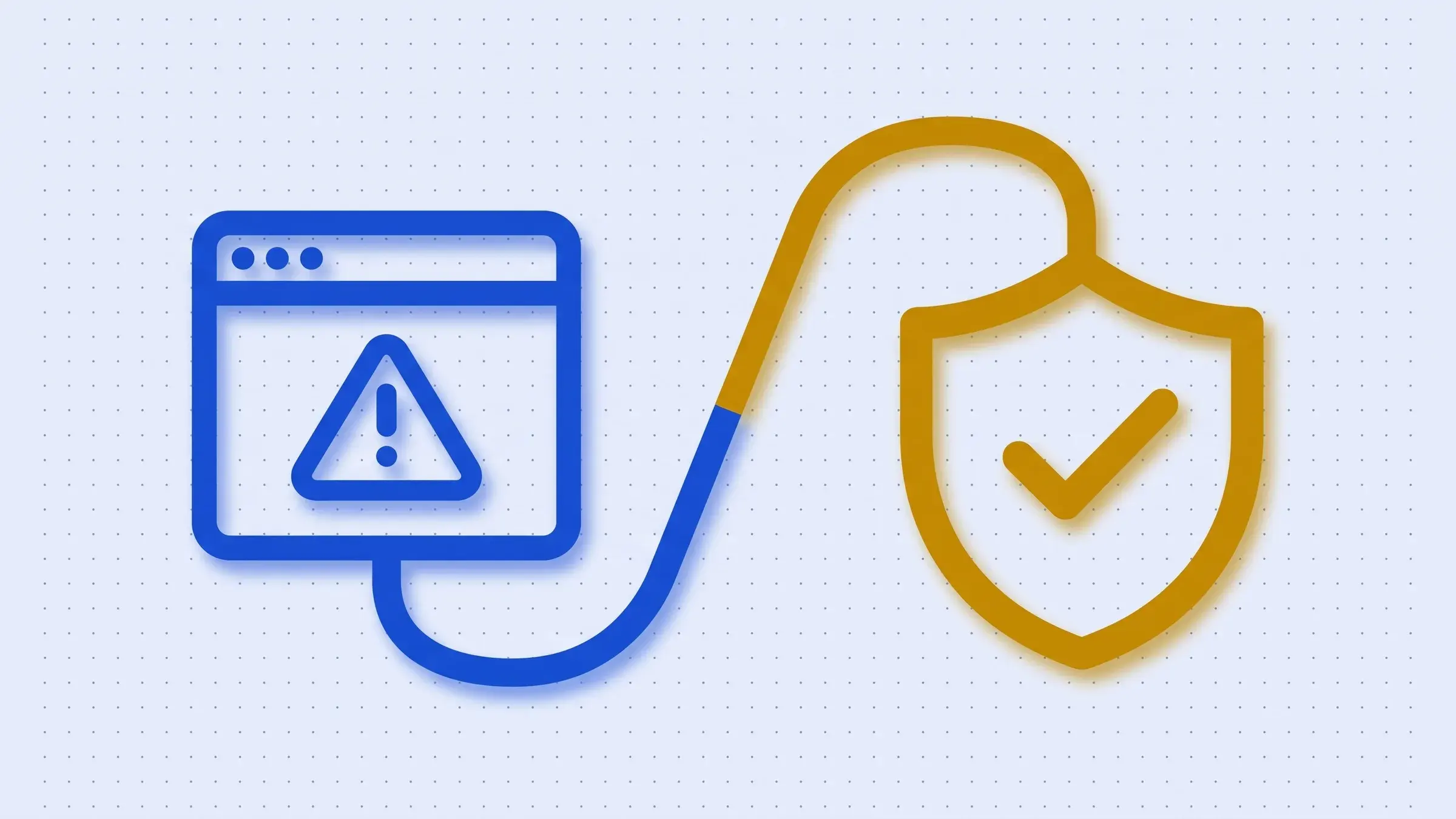 Neon line illustration: a browser window with a warning triangle connected to a shield with a checkmark