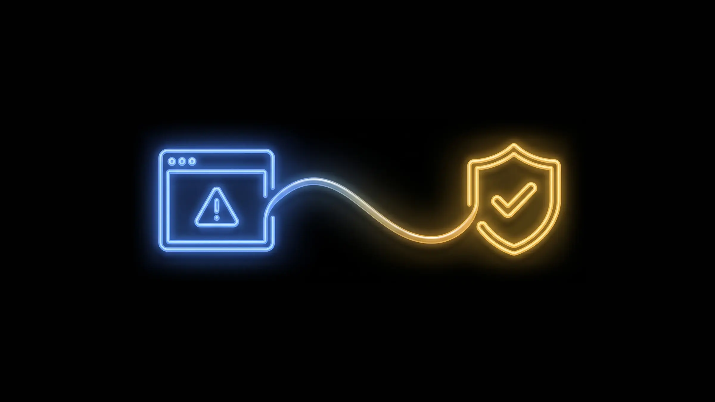 Neon line illustration: a browser window with a warning triangle connected to a shield with a checkmark
