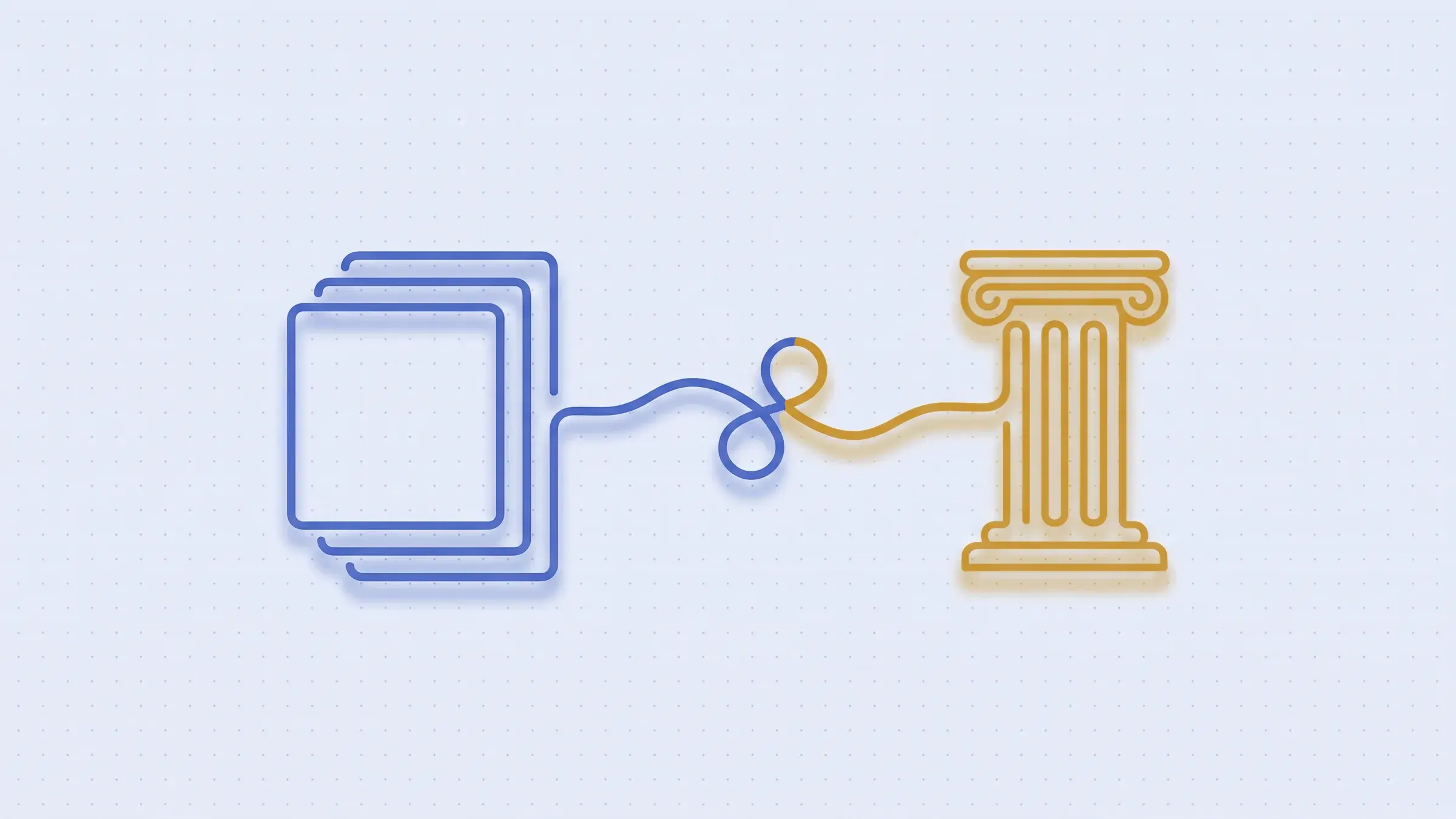 Neon line illustration: a stack of documents connected to a classical pillar