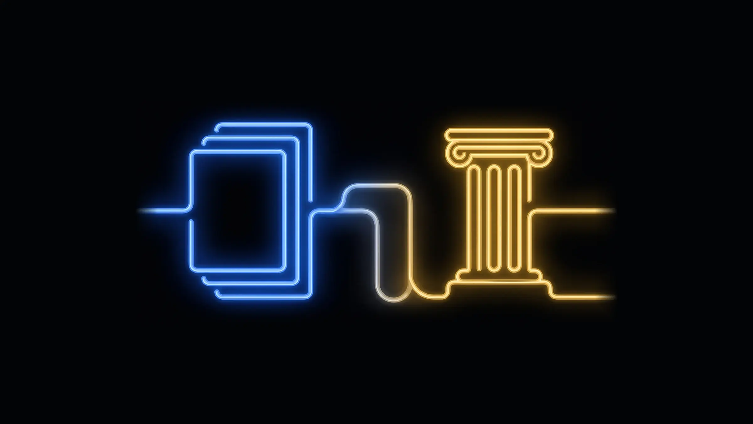 Neon line illustration: a stack of documents connected to a classical pillar