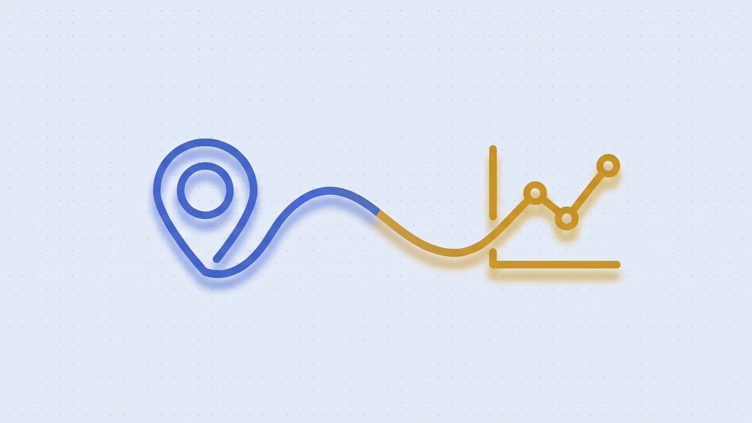 Neon line illustration: a map pin connected by a flowing line to a rising line chart