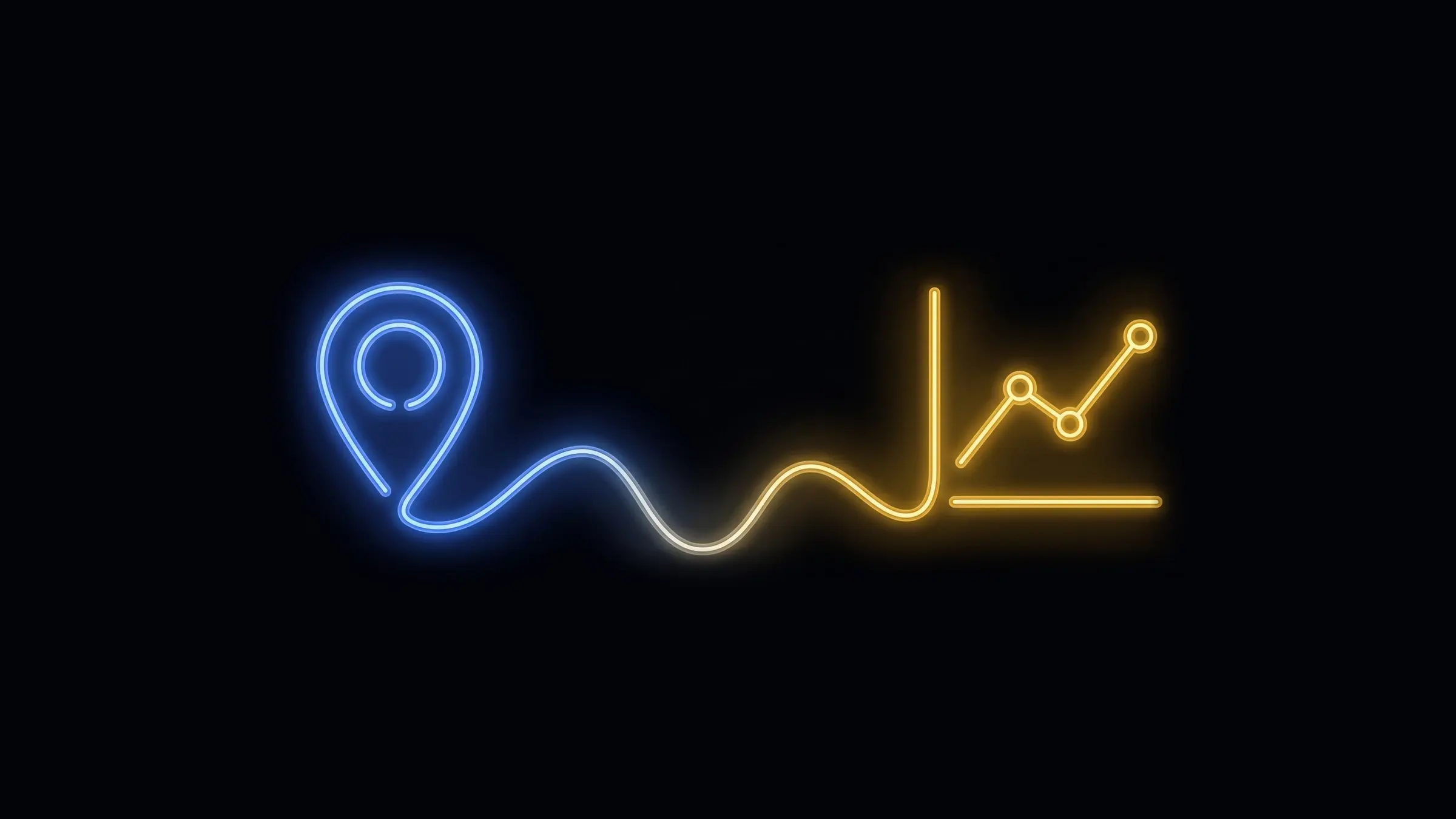 Neon line illustration: a map pin connected by a flowing line to a rising line chart